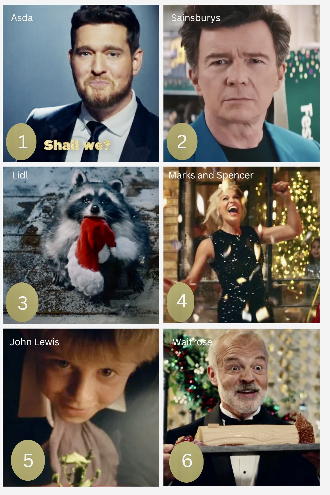 supermarket Christmas ads Michael Buble and Rick Astley and John Lewis and M&S 